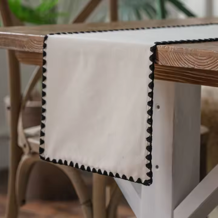 Camino de Mesa Beige Tela de Lino Borde Begro Decorativo Rectangulares Estilo Bohemio Moderno Comedor Hogar Boda Cocina - 1