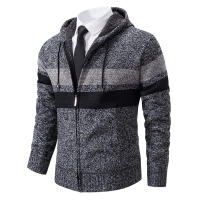Otoño Invierno Casual Engrosamiento Hombres Abrigos Nuevo Cárdigan Suéter Moda Con Capucha Rayas Bloques de Color Mantener Caliente Suéter de Punto - details 2