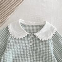 Ready Stock Mono para recién nacidos, pelele elegante a cuadros con cuello Peter Pan y cordón de manga larga para niñas de 0 a 2 años - details 2