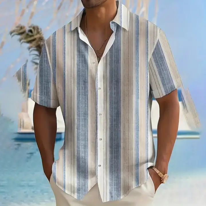 Camisa Casual de Verano para Hombres Manga Corta, Cuello de Espalda, Estampado a Rayas - 1