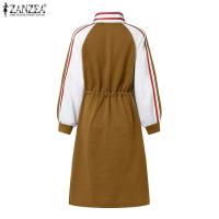 ZANZEA-vestido deportivo de primavera para mujer, vestido informal a la moda de manga larga con rayas en contraste, vestido Midi con cuello levantado y cordón en la cintura - details 8