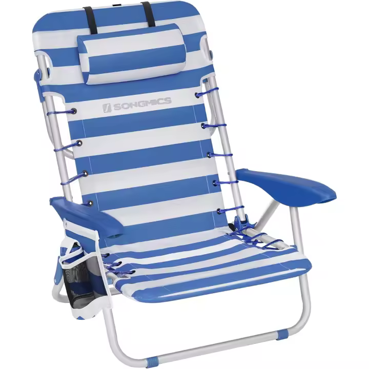 Silla Portátil Ajustable para Acampar Azul y Blanco 2 Fundas Laterales Respaldar y Apoyabrazos - 1