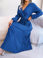 CDM Women Elegant V Neck Long Sleeve Pleated Maxi Dress - details 22