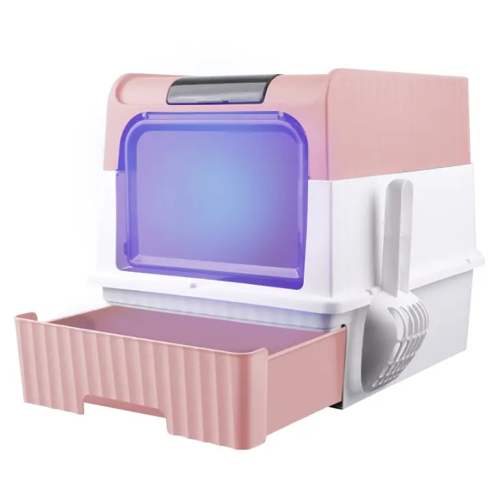 Caja de arena para gatos con bandeja extensible, caja de arena para gatos que mata bacterias con puerta doble portátil con pala - 1