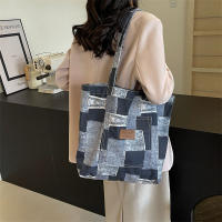 2025 nuevo bolso de hombro de mujer de gran capacidad a cuadros de mezclilla de imitación, bolso de mujer de moda de tote casual retro - details 3