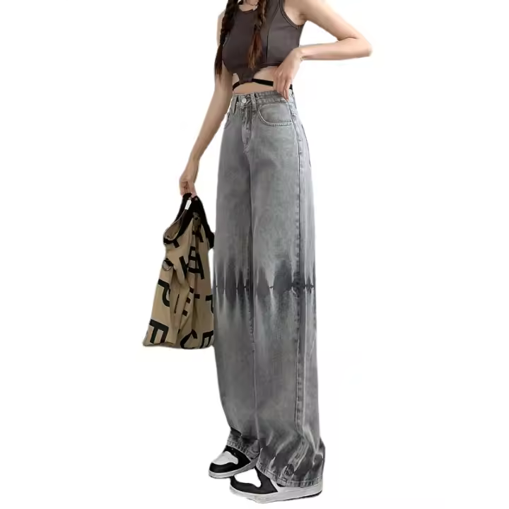 Pantalones vaqueros grises para mujer, pantalones rectos de cintura alta con tinte anudado, pantalones de pierna ancha holgados Vintage, pantalones vaqueros informales de autocultivo para mujer de verano - 1