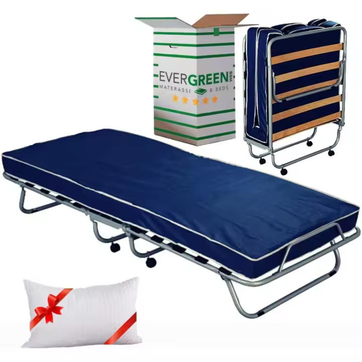 Cama Plegable con Colchón de espuma 80x190 cm Alto 10 cm, Somier de Listones + Almohada Viscoelástica Gratis - Cama supletoria, Ahorra Espacio, de Emergencia |   Kit Cama Individual - 1