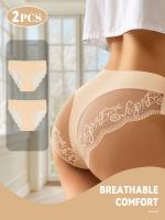 2 piezas de bragas de cintura media de encaje en contraste para mujer, bragas ligeras transpirables sin costuras, detalle de monograma sexy, ribete de encaje de moda primavera/verano, tejidos suaves - details 1