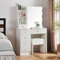 Tocador De Maquillaje con Espejo y 10 Bombillas Led Luz Regulable, Tocador Blanco con Brillo Ajustable, Tocador De Dormitorio con Taburete 6 Cajones, 3 Estantes y 3 Estantes Ocultos - details 9