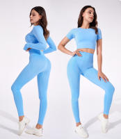 Conjunto deportivo de Yoga sin costuras para mujer, ropa de entrenamiento, Top corto de manga corta, Leggings de cintura alta, 2 piezas - details 3