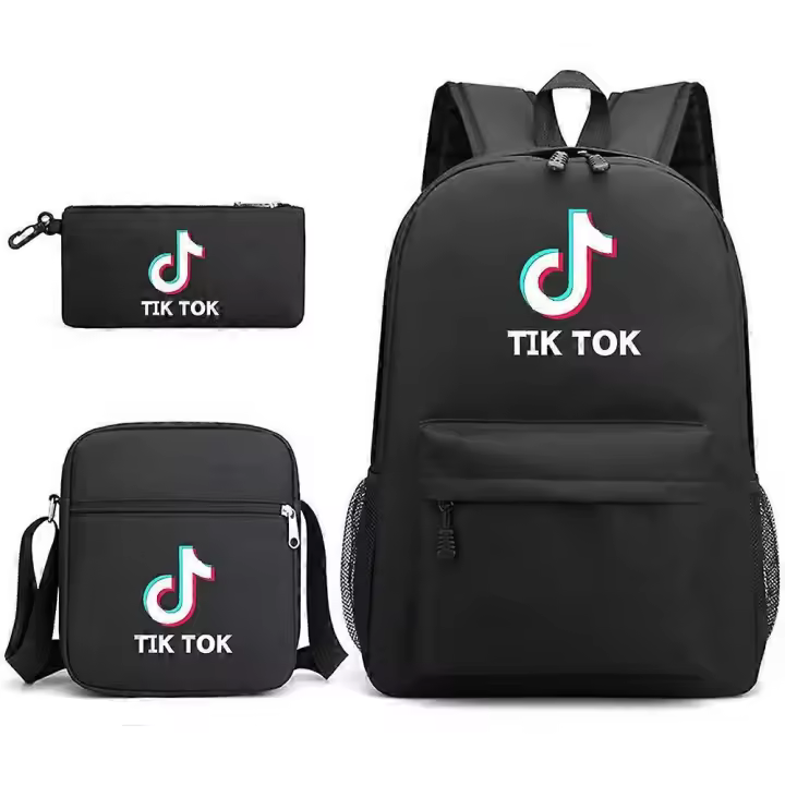 Mochila escolar Tiktok de tres piezas, mochila informal para estudiantes, mochila para exteriores de gran capacidad, bolso de lona informal negro ~ 3 - 1