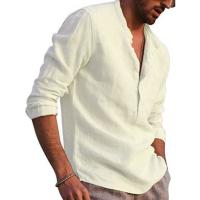 Padola-Camiseta de lino para hombre, camisa holgada de manga larga, lisa, ajuste Regular, transpirable, informal, Henley, Verano - details 1
