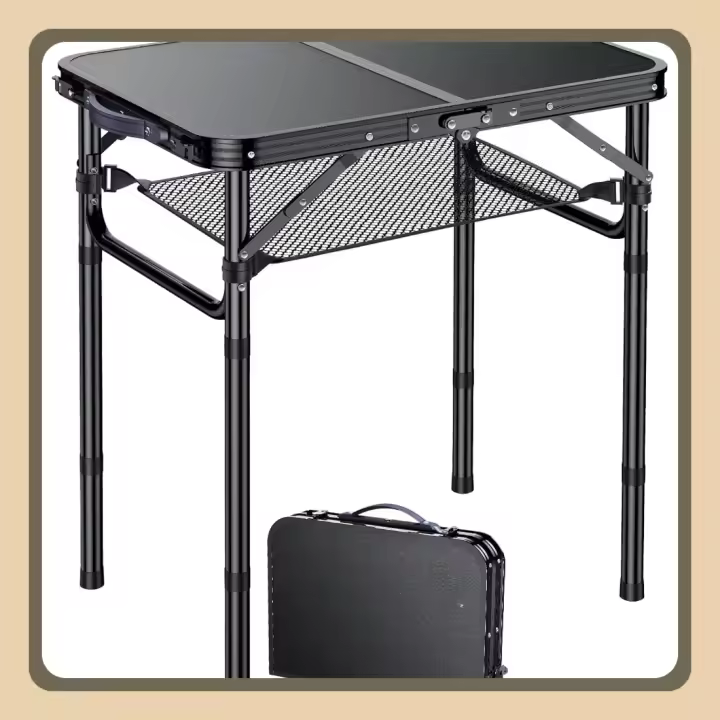 Mesa Plegable Camping 59x40x25.4/49/67cm Altura Ajustable Mesas de Acampada Portátil Mesa Playa Aluminio Impermeable Negro para Terraza Playa Exterior BBQ - 1