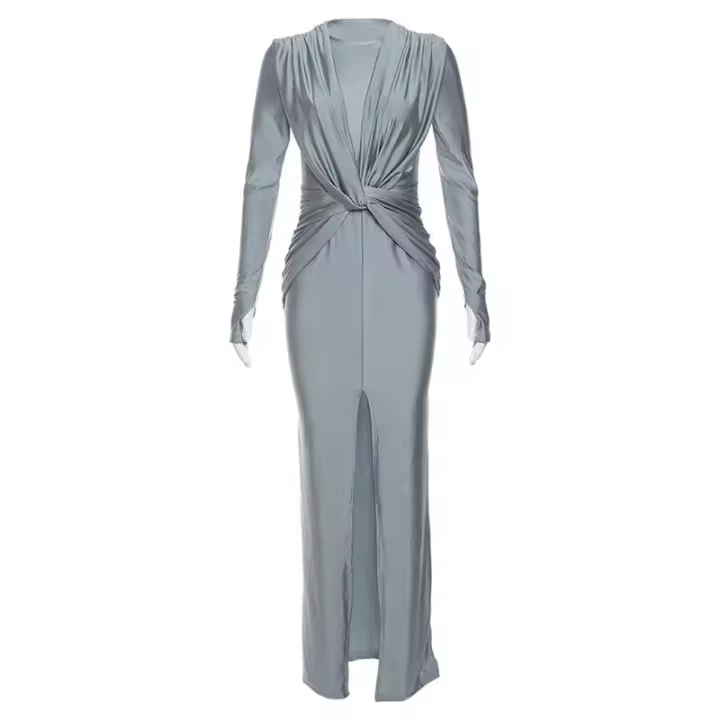 BUNO-maxivestido liso elegante para mujer, vestido clásico cruzado fruncido de manga larga con abertura, bata moldeadora de cuerpo, Vestidos de fiesta de calle alta para mujer - 1