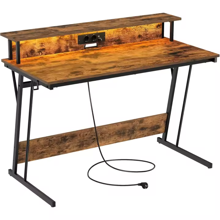 Mesa de Juegos con Luces LED y Enchufes Tamaño 60 x 120 x 76cm Elegancia Rústica Marrón - 1