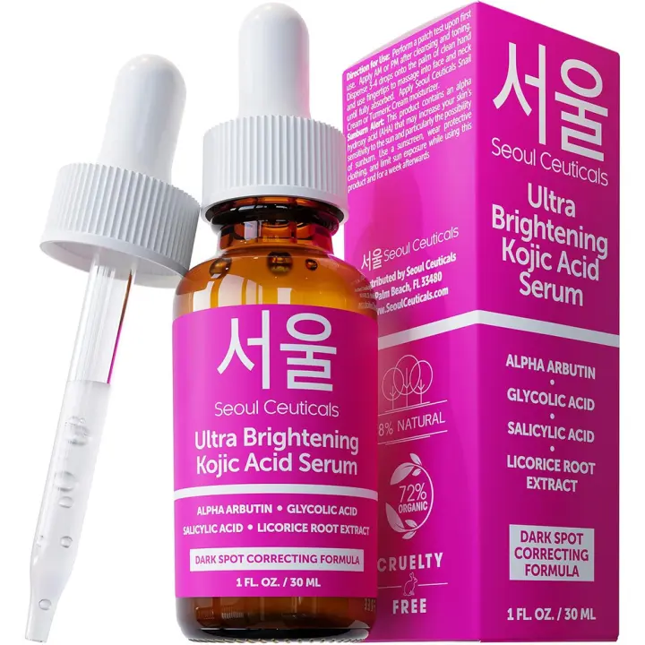 SeoulCeuticals Korean Skin Care Kojic Alpha Arbutin – Corrector de manchas oscuras Suero glicólico + Ácido salicílico K Beauty 1 oz - 1