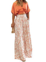 Women casual 2 pieces set elegant v neck short sleeve tops and print wide leg pants - details 8