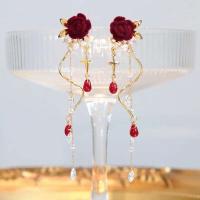 Pendientes de borla de circonita roja para mujer, elegantes pendientes con colgante de cristal rosa, joyas llamativas para fiestas y bodas - details 5