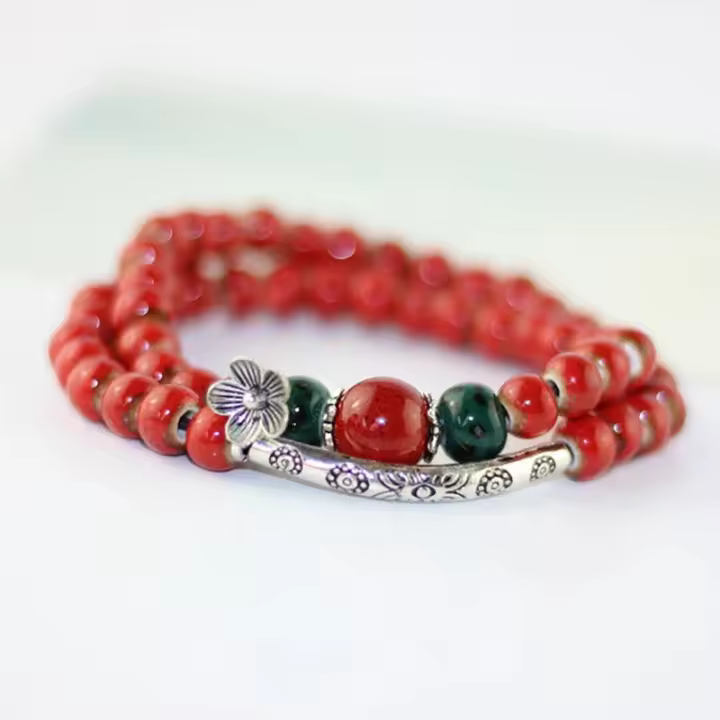 Pulsera elástica de tubo de plata antigua con piedra Natural multicolor, cuentas semipreciosas Retro, pulsera con dije de flor hecha a mano, joyería - 1