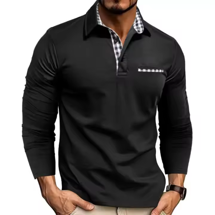 Camiseta Casual De Manga Larga Con Cuello Polo Para Hombre, Top Para Hombre - 1