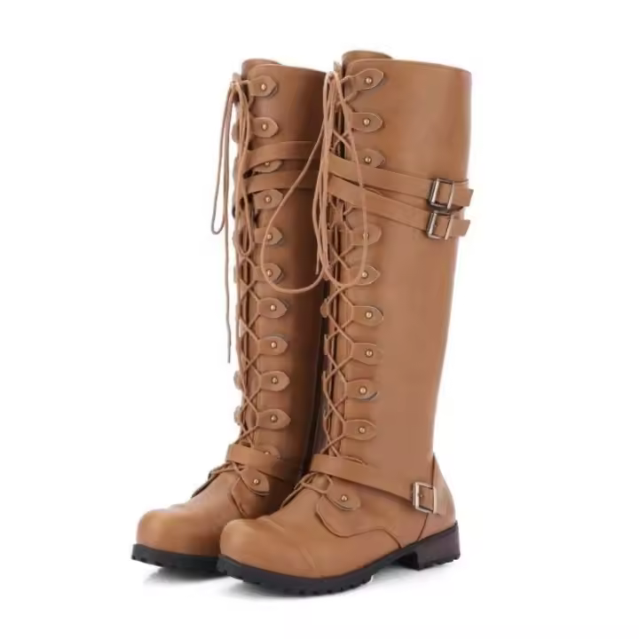 Botas de mujer con punta redonda y hebilla de cuero, suela plana y cordones con tirantes para los hombros, botas de caballero de alta calidad, otoño y - 1