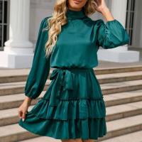 Vestido Satén con Cinturón Rojo Volantes Manga Larga, Elegante y Sensual para Mujer - details 10