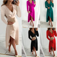 Vestido ajustado para mujer，Sexy elegante vestido Midi de manga larga profundoVVestido de fiesta con cuello - details 1