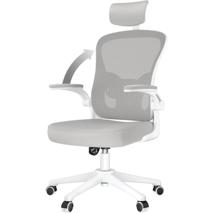 Silla de Escritorio Ergonómica con Reposacabezas Ajustable y Soporte Lumbar, Respaldo de Malla Transpirable, Reposabrazos Abatibles de 90 ° , Silla Giratoria de 360 ° - 1