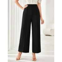 Pantalones de vestir coreanos elásticos cómodos y elegantes de cintura alta anchos de pierna recta marrón para mujer - details 8