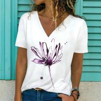 Camiseta de Manga Corta con Cuello en V Moda Blanca para Mujeres Estampado 3D de Lavanda - details 32