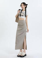 Lucyever-Falda larga ajustada de cintura alta para mujer, faldas Midi con abertura lateral, estilo coreano, Y2K - details 3