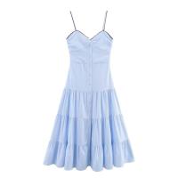 Vestido Midi Casual a Rayas de Verano 2025 Estilo Europeo Americano Manga de Spaghetti Sin Mangas Romántico Azul - details 2