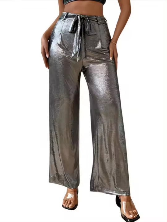 Pantalones cómodos sueltos de cintura alta para mujer, pantalones plateados de pierna recta para mujer de verano - 1