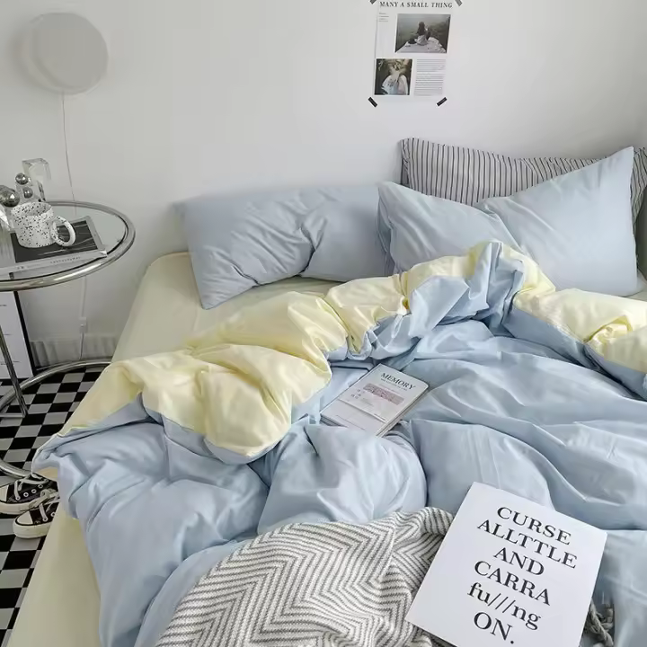 Juego de sábanas de algodón lavado de cuatro piezas, funda de edredón simple y fresca, juego de cama de tres piezas para dormitorio de estudiantes - 1