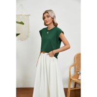 BUNO-2025 Tops para mujer, pantalón corto informal de moda de verano, camisetas básicas con textura a rayas de Color sólido y cuello redondo - details 10