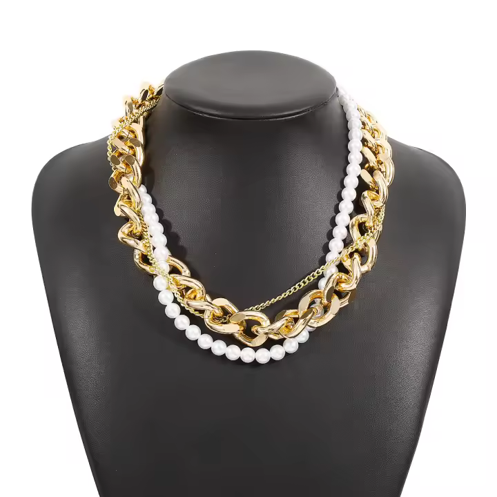 Collar de cadena apilada de metal con perla de viento, collar medieval de alta gama, ligero y lujoso para mujer - 1