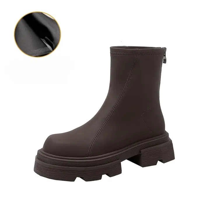 Botas elásticas de caña media color marrón estilo británico, botines finos tipo muffin con suela gruesa, botines cortos de mujer - 1