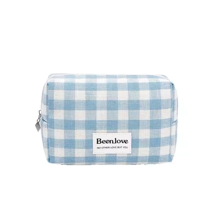 Bolsa de cosméticos portátil a cuadros de celosía, bolsa de maquillaje impermeable de gran capacidad, bolsa de artículos de tocador de poliéster con cremallera para Baño - 1