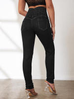 Cintura alta pies pequeños mujer cintura elástica elástico ajuste de cadera pantalones sexy con cordones pies pequeños jeans - details 4