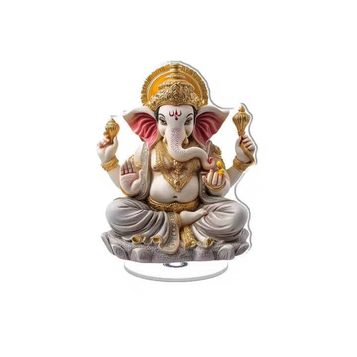 Estatua acrílica giratoria de Ganesha real con cuerpo radiante de cabeza de elefante dorado y colores vibrantes sobre un fondo blanco puro - 1
