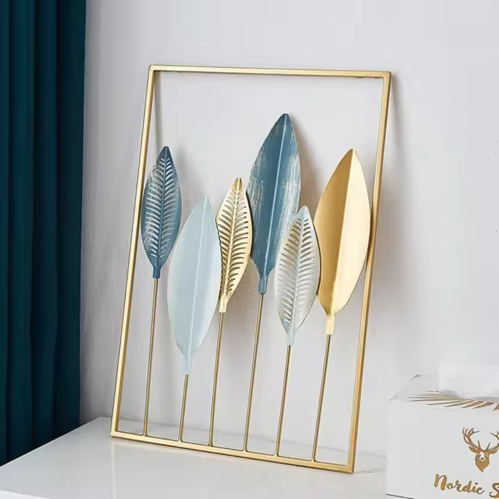 Decoración de pared nórdica para el hogar, colgante de pared de macramé, Metal redondo dorado, hoja de Ginkgo, pegatinas de pared, decoración decorativa de repisas de pared - 1