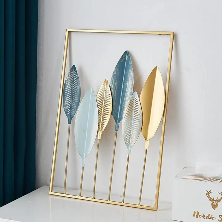 Decoración de pared nórdica para el hogar, colgante de pared de macramé, Metal redondo dorado, hoja de Ginkgo, pegatinas de pared, decoración decorativa de repisas de pared - 1