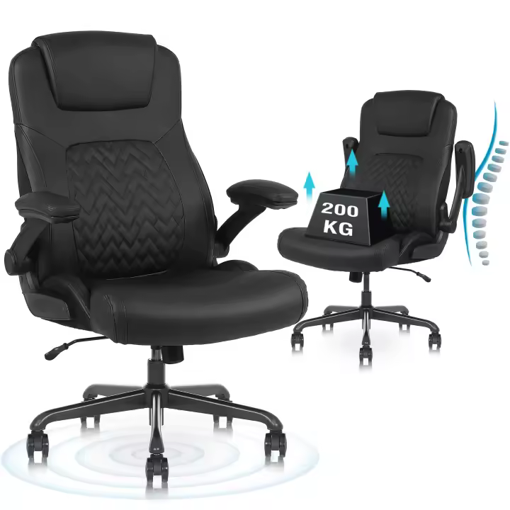Silla de oficina ergonómica con capacidad de carga de 200 kg, silla de escritorio de cuero PU con soporte lumbar y reposabrazos abatibles, respaldo alto, para el hogar y la oficina, negro - 1
