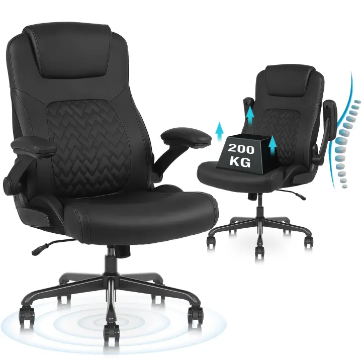 Silla de oficina ergonómica con capacidad de carga de 200 kg, silla de escritorio de cuero PU con soporte lumbar y reposabrazos abatibles, respaldo alto, para el hogar y la oficina, negro - 1