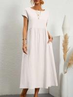 Vestido retro liso elegante de lino y algodón de manga corta con cuello redondo para mujer, vestido suelto informal de verano 2023 - details 6