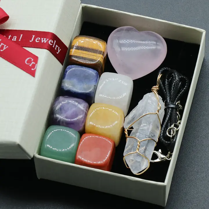 Kit de cristales curativos para meditación, juego de piedras cúbicas de 7 Chakras, Cuarzo Rosa, corazón, cristal de cuarzo transparente, punto de energía, Yoga, con caja de regalo - 1