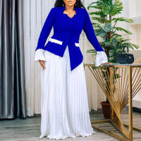 Conjunto de dos piezas de pantalón de pierna ancha plisado y top de manga acampanada de nueva moda de primavera para mujer D553 - details 19