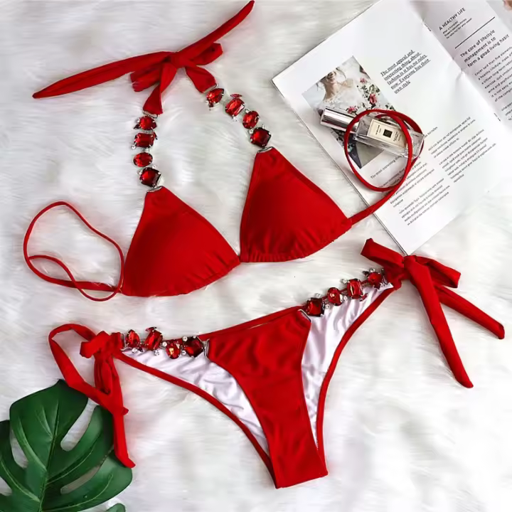 Bikini Sexy de Lujo con Diamantes de Imitación Color Sólido, Divisible, Accesorios de Cadena de Metal - 1