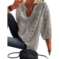 Blusa de Lino y Algodón para Mujer Cuello en V, Manga 3/4, Blusa Holgada Informal, Moda Diaria - details 22