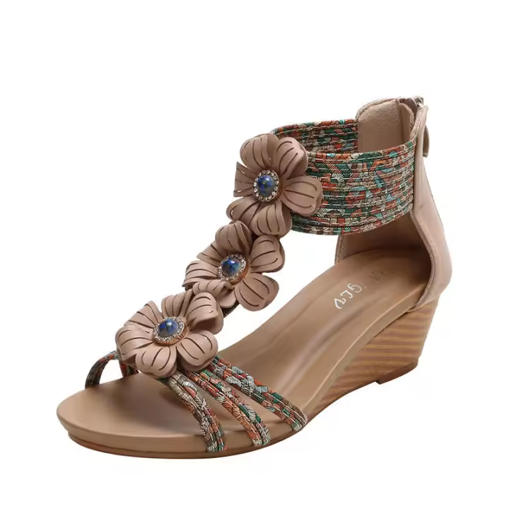 Sandalia Tacón inclinado Temporada de mujer Nuevo estilo étnico Tacones altos versátiles Parte inferior gruesa Punta abierta Sandalias de mamá de moda - 1